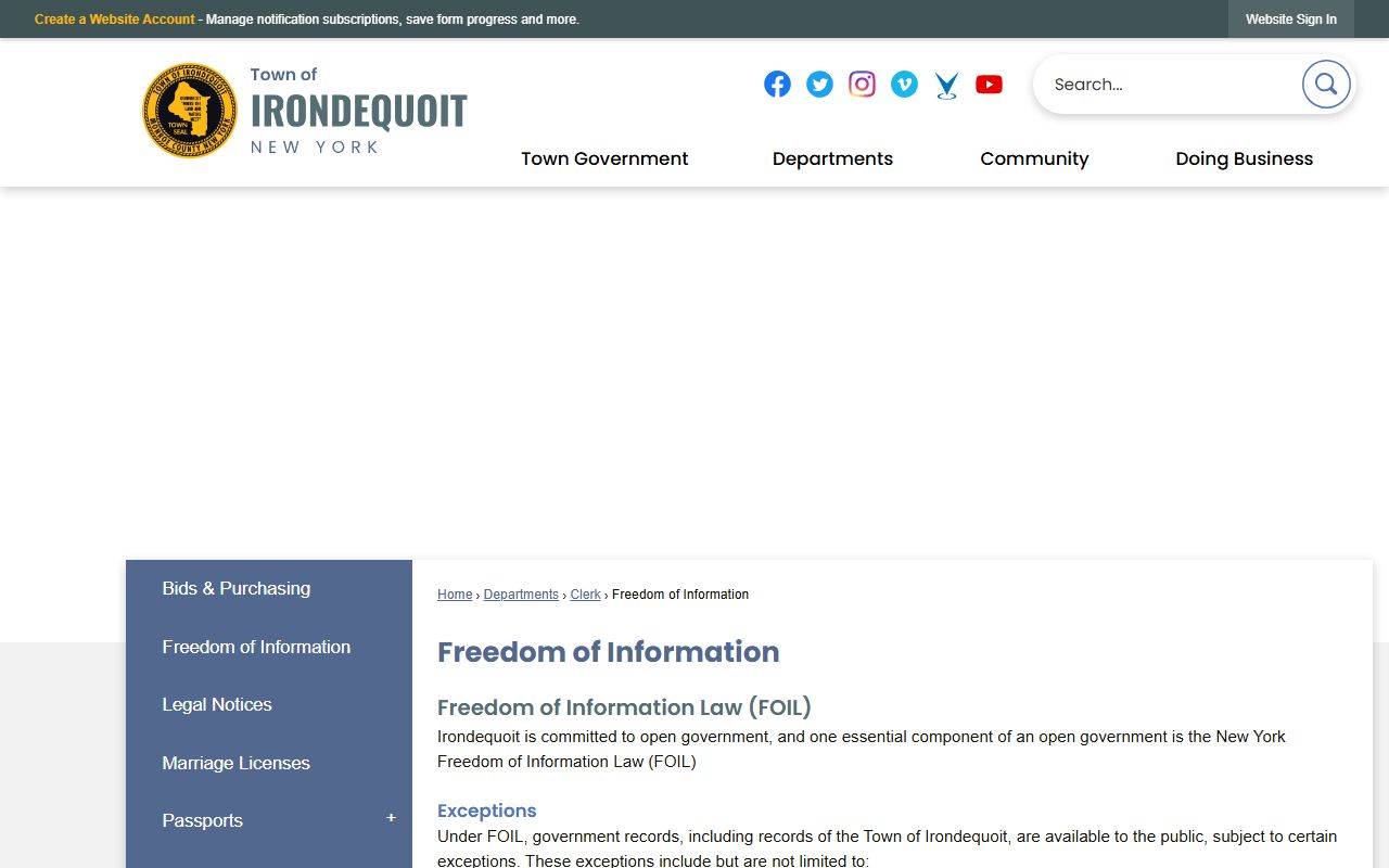 Irondequoit FOIL request page for Irondequoit bankruptcy records