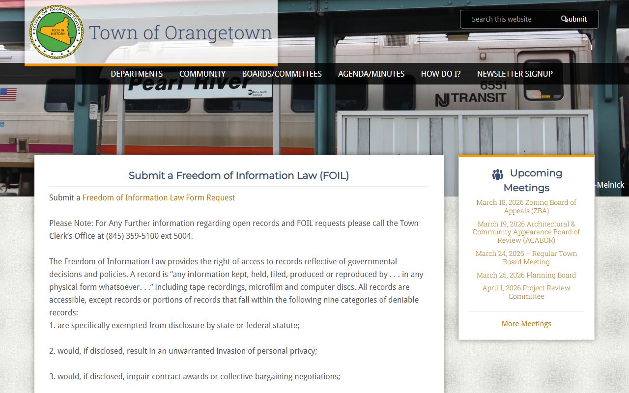 Orangetown FOIL request page for Orangetown bankruptcy records
