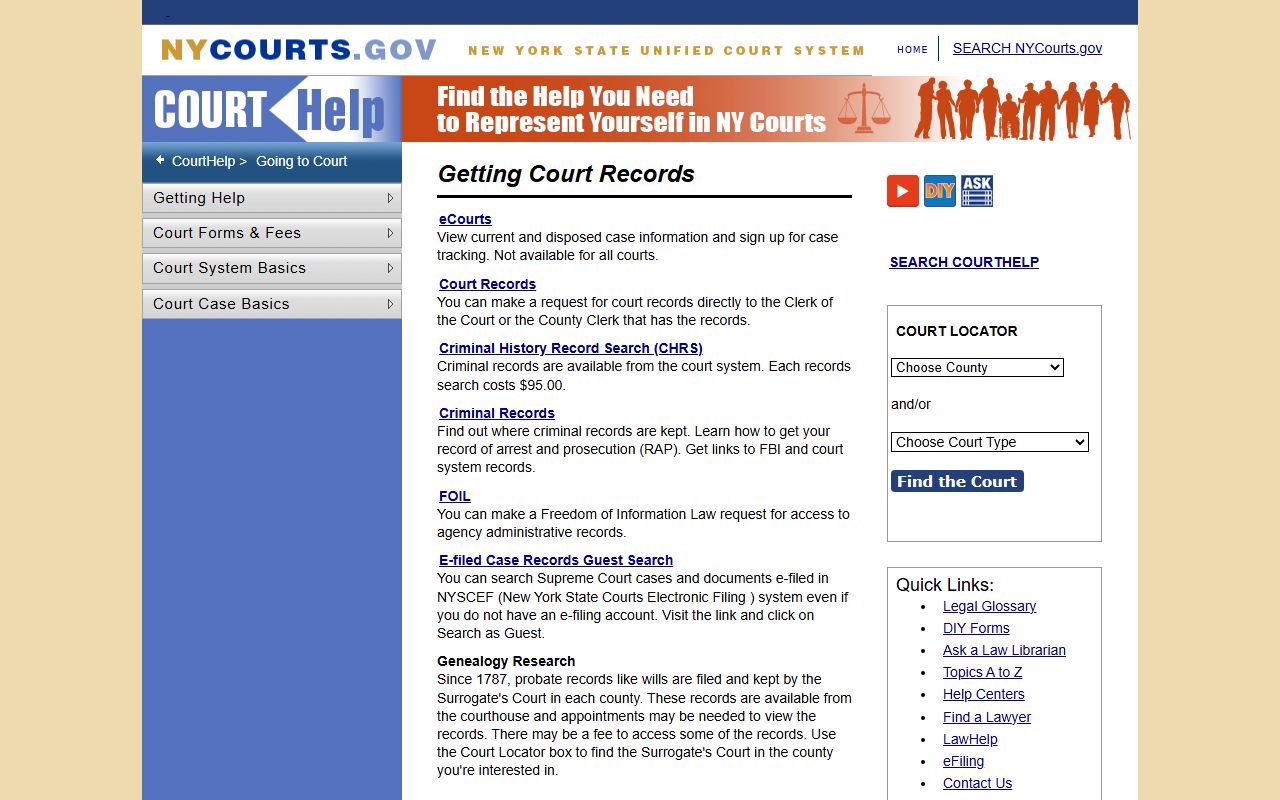 New York State court records information page for bankruptcy research