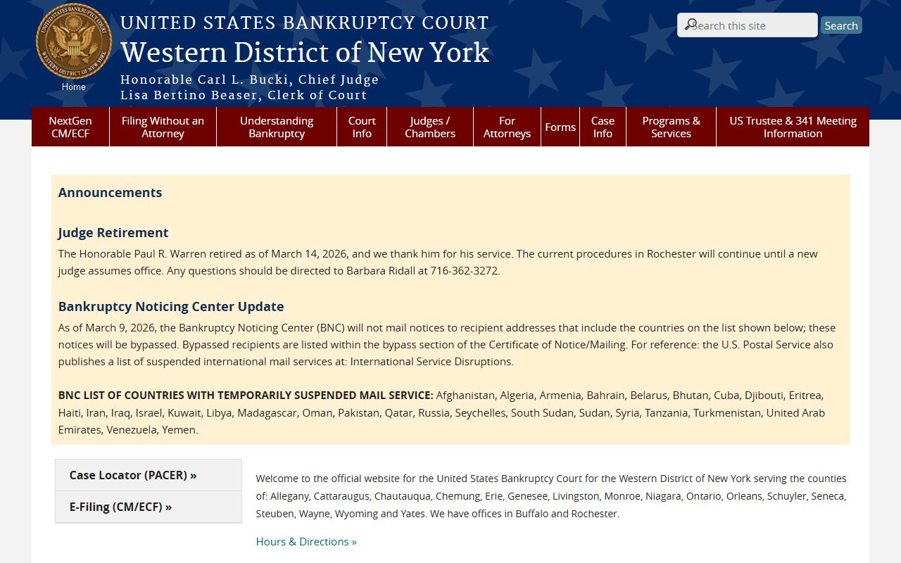 Western District of New York Bankruptcy Court for western New York bankruptcy records